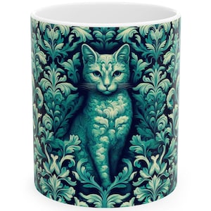 Vintage Inspired Cat Ceramic Mug, Ornate Cat Mug, Unique Gift for Cat Lovers, Teal Coffee Mug, Cat-Themed Gifts, Coffee-Tea-Cat Lover Mugs