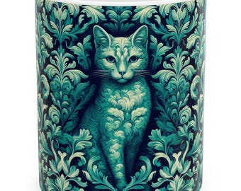 Vintage Inspired Cat Ceramic Mug, Ornate Cat Mug, Unique Gift for Cat Lovers, Teal Coffee Mug, Cat-Themed Gifts, Coffee-Tea-Cat Lover Mugs