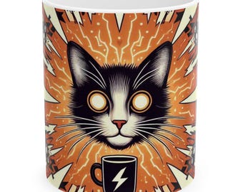 Electric Cat Ceramic Mug, Gift for Cat Lovers, Coffee Lovers, Fun Home Decor, Cat-Themed Gift, Funny Cat Mug