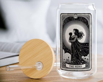 Sipper Glass, Tarot Card Mom and Child Design, Mother's Day Gift, Black and White Glass, 16oz Cup, Kitchen Decor, Gift for Her, Mystical Mom