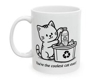 Double-sided Print, Cute Recycling Cat Ceramic Mug - Perfect Gift for Eco-conscious Cat Lovers!