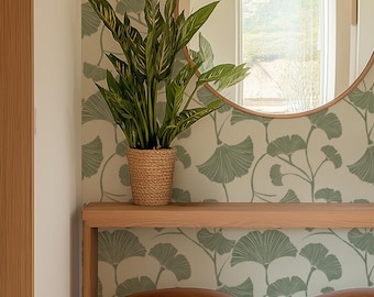 Organic Texture Japandi Botanical Ginkgo Leaf in Cream White and Sage Green Wallpaper/Removable Peel & Stick and Pre-Pasted/Non-Pasted/Vinyl