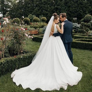 Classic Minimalist Wedding Dress, Wedding Ceremony Dress, V-Neck Wedding Gown, Satin Dress with Long Train, Handmade A-Line, Wedding Dress