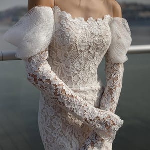 Fashionable, Lace Wedding Dress With Long Sleeves, Mermaid Cut With Detachable Train, Custom-made wedding dress, Elegant Bridal Gown