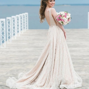 Powder Pink Wedding Dress, Glitter V-Neck Wedding Dress with Train, Beige Bridal Dress, Prom Evening Dress, Custom Made Gown