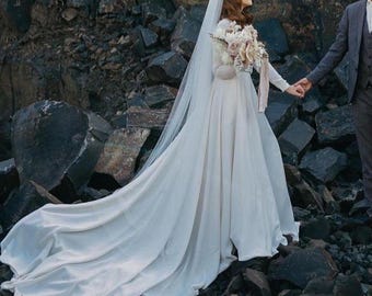 Classic Minimalist Wedding Dress, Wedding Ceremony Dress, V-Neck Long Sleeve Wedding Gown, Custom Satin Wedding Dress with Long Train