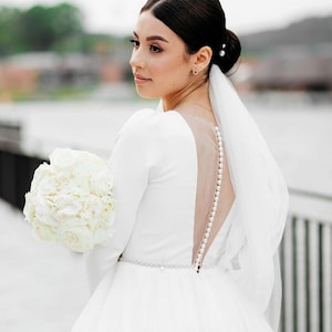 Classic Backless Button Wedding Dress, Long Sleeve Deep V-Neckline Bridal Gown, White Dress with Train For Wedding Ceremony, Custom Made