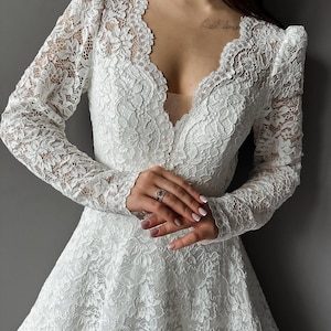 Fashionable, Lace Wedding Dress With Long Sleeves, A-line Wedding Gown With Train, Custom-made wedding dress, Elegant Bridal Gown