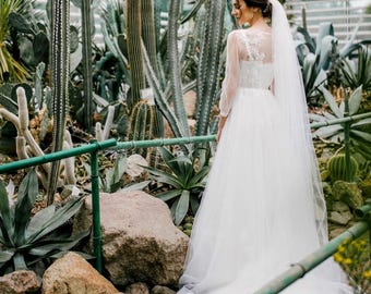 Minimalist Long Sleeve Wedding Dress, Wedding Ceremony Dress, Classic Wedding Dress, Tulle dress for the bride, Modest wedding dress made