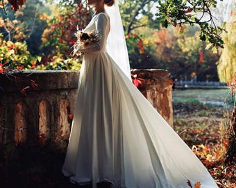 Classic Minimalist Wedding Dress, Wedding Ceremony Gown, Long Sleeve Wedding Gown, Satin Wedding Dress with Long Train, Modest Wedding Dress