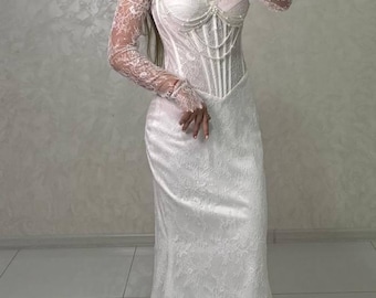 Elegante vestido de novia de encaje con mangas largas, corte sirena con cola desmontable, vestido de novia hecho a medida, vestido de novia elegante