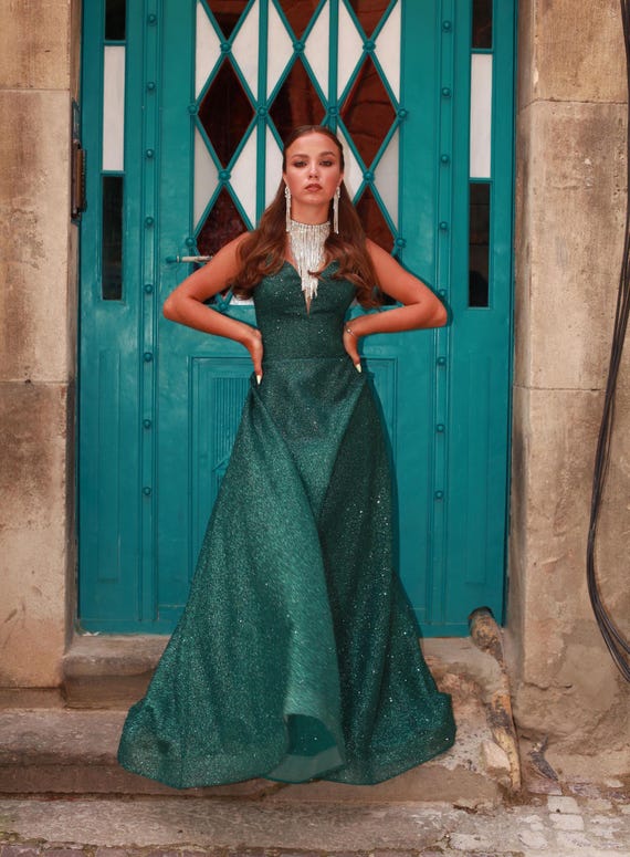 V-neck Evening Dress, Green Glitter A-Line Evening Gown, Prom Dress, Wedding Party Dress, Colored Wedding Dress, Sparkly Ball Gown