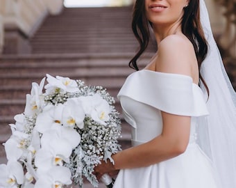 Classic Satin Off Shoulder Wedding Dress, Slit Wedding Dress, Custom Size Bridal Dress, Ivory Wedding Gown, Fashion Bridal Dress