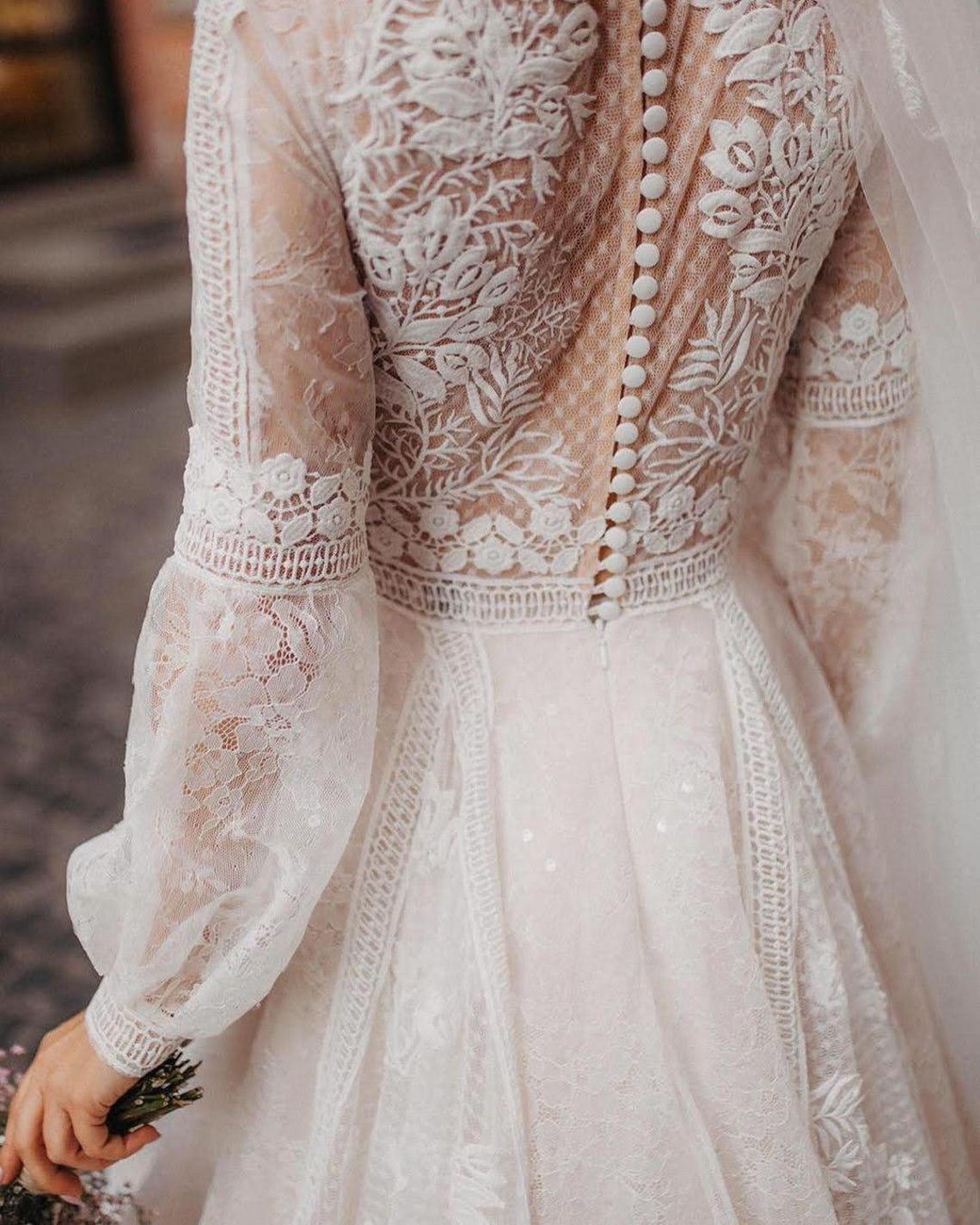 Lace Long Sleeve Boho Wedding Dress, Long Beige Bridal Dress, Wedding ...