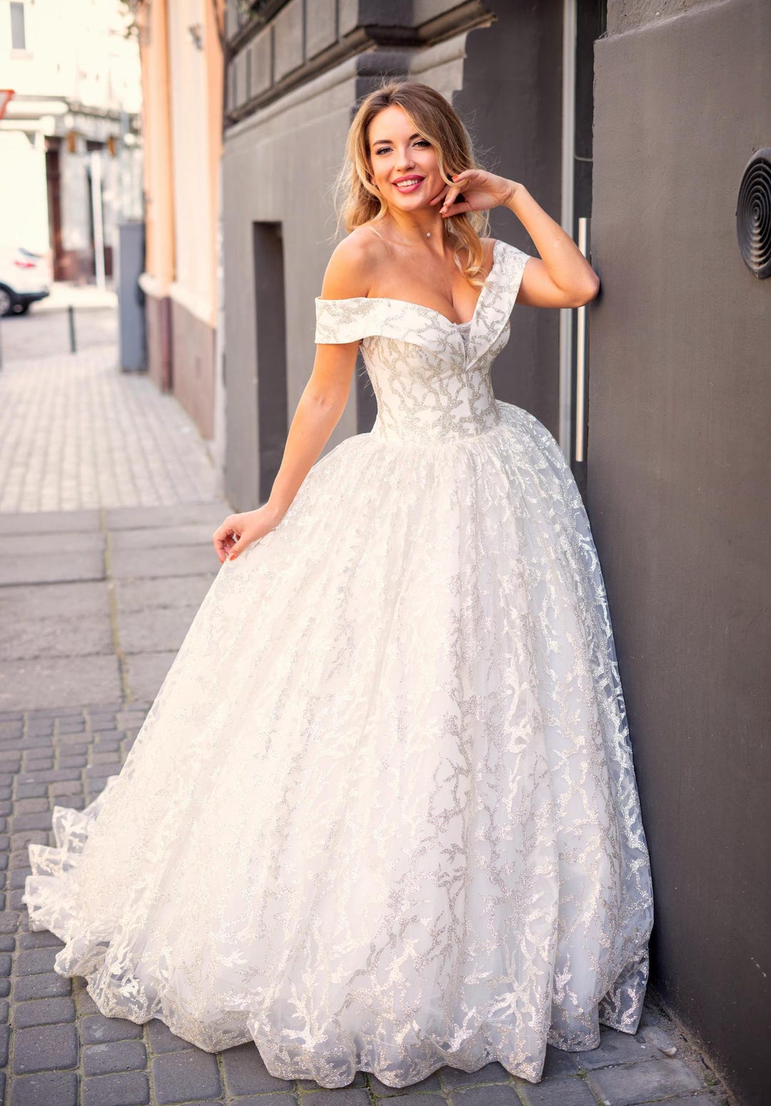 Modest Puffy Sleeve Wedding Dress Royal Sparkly Off Shoulder Wedding Dress, Fluffy Wedding Dress With Train, Modest Puffy Sleeve Wedding Dress Royal Sparkly Off Shoulder Wedding Dress, Fluffy Wedding Dress With Train,