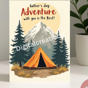 Carte de camping aventure fête des pères pour papa plein air, téléchargement numérique imprimable 5 x 7 pour randonneurs, amoureux de la nature, papas de la montagne