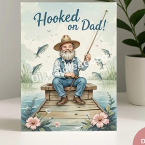Tarjeta de pesca divertida para el Día del Padre "Enganchado a papá", 5x7, descarga digital imprimible para papás pescadores, amantes de la naturaleza o pescadores.