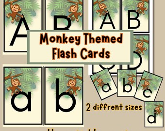 Cartões de Alfabeto com Tema de Macacos | Letras Maiúsculas e Minúsculas do ABC | Decoração de Sala de Aula com Tema de Selva | Pacote de Cartões Imprimíveis