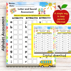 Może przedstawiać: Kolorowy arkusz oceny alfabetu z tytułem "Letter and Sound Assessment". Arkusz zawiera ćwiczenia rozpoznawania liter, grafikę autobusu szkolnego i tekst "Digital download". Grafika jabłka mówi "A simple way to keep parents informed."