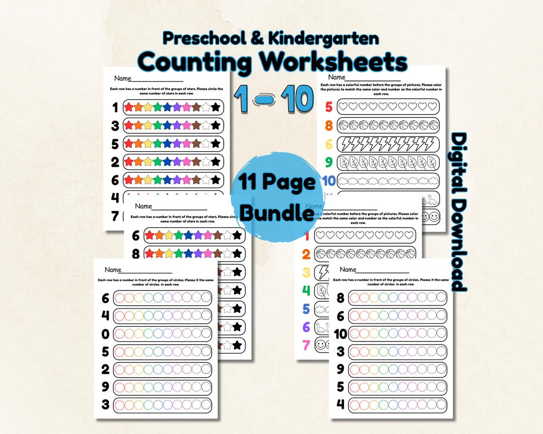 Preschool and Kindergarten Math| Counting Worksheet Bundle - Etsy
