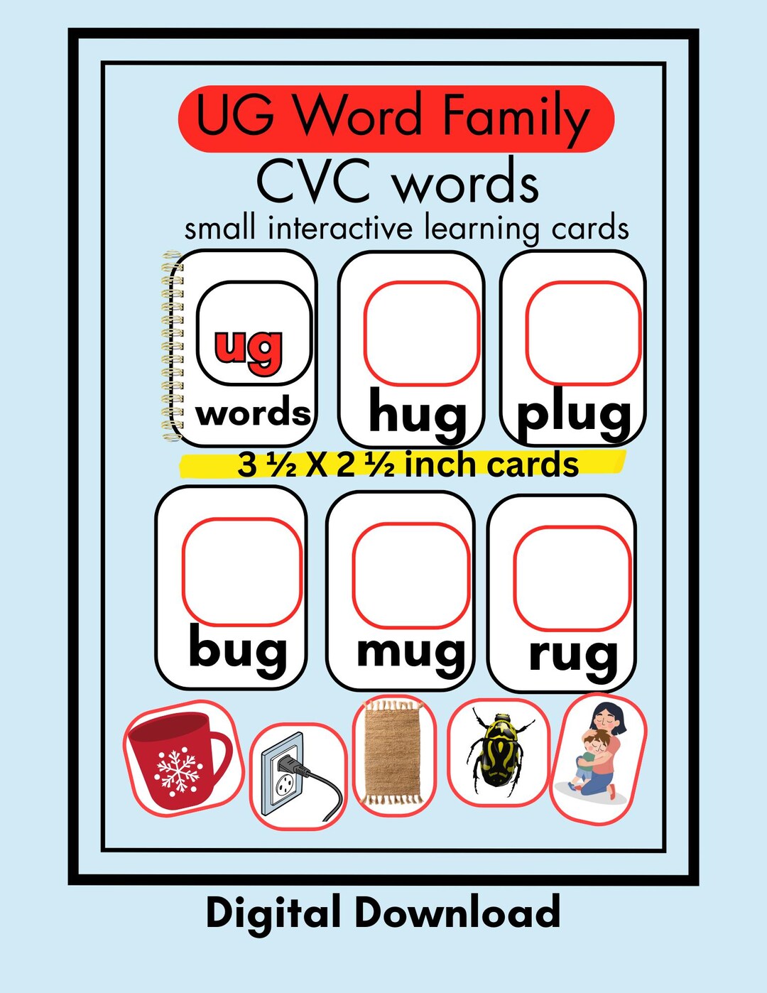 Ug Reading UG Word Family CVC Flashcards | Short U Phonics | Printable Literacy ...