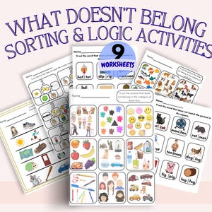 Może przedstawiać: Zbiór dziewięciu arkuszy edukacyjnych do sortowania i ćwiczeń logicznych. Arkusze zawierają różne obrazy i słowa z instrukcjami identyfikacji elementu, który nie pasuje. Tytuł "WHAT DOESN'T BELONG SORTING & LOGIC ACTIVITIES" jest wyświetlany u góry.
