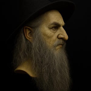 May include: A side view of a man with a long, grey beard and a black hat. The man's face shows wrinkles and a serious expression. The background is a plain black, highlighting the subject's features.