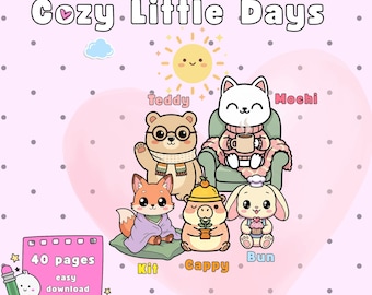 Cozy Little Days Coloring Pages, Digital Download Coloring Book For Adults and Teens, Bold and Easy, Cute Animal Characaters Kawaii Style