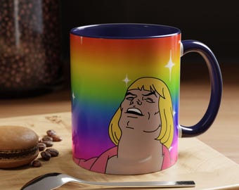 Taza con meme de la cara de He-Man / Taza de café divertida "¿Qué está pasando?", regalo de dibujos animados retro, taza de café con detalles de arcoíris, Príncipe Adam