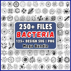 May include: A digital collection of over 250 black and white bacteria illustrations in a grid pattern. A central blue rectangular label features the white and red text: 250+ FILES BACTERIA, 125+ DESIGN SVG | PNG, Mega Bundle. The icons include various shapes.