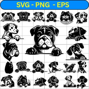 Op de afbeelding: Zwart-wit vectorillustraties van verschillende hondenrassen, waaronder mopshonden, bulldogs en dalmatiërs. Elke hond is afgebeeld in een minimalistische stijl, kijkend over een horizontale lijn. De afbeelding bevat de tekst "SVG - PNG - EPS".
