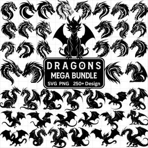 May include: A collection of black dragon illustrations in various poses and styles. The image includes a central dragon figure with spread wings and a sign that reads "DRAGONS MEGA BUNDLE SVG PNG 250+ Design."