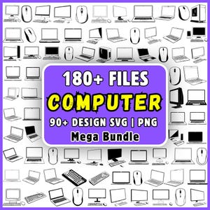 May include: A digital collection of 180+ computer files featuring black and white line art illustrations of various laptops, desktop monitors, computer mice, and keyboards, centred around a purple rectangular graphic with the text 180+ FILES COMPUTER 90+ DESIGN SVG | PNG Mega Bundle.