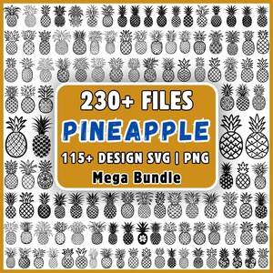 Puede incluir: Una colección digital de ilustraciones de piñas en blanco y negro dispuestas en una cuadrícula. El recuadro rectangular central de color mostaza presenta el texto en blanco y azul: 230+ FILES PINEAPPLE 115+ DESIGN SVG | PNG Mega Bundle.