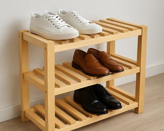Puede incluir: Un zapatero de madera de tres niveles que muestra seis pares de zapatos. La balda superior tiene zapatillas blancas, la del medio mocasines marrones y la inferior zapatos de vestir negros. El zapatero es de madera clara.