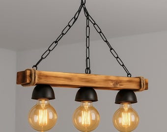 Handmade Wooden Pendant Light – Rustic Farmhouse Edison Chandelier