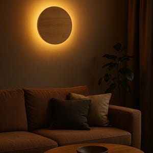 May include: A brown leather sofa with pillows sits in a living room with a wooden coffee table and a round wooden wall light with a warm glow.