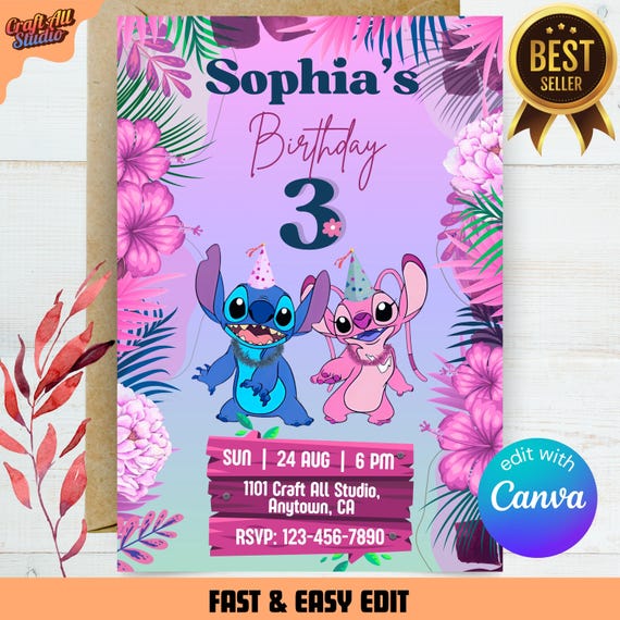 Stitch and Angel Birthday Invitation Card, Lilo and Stitch Birthday Invite, Birthday Girl Stitch Hawaiian Invitation, Kids Birthday Invite