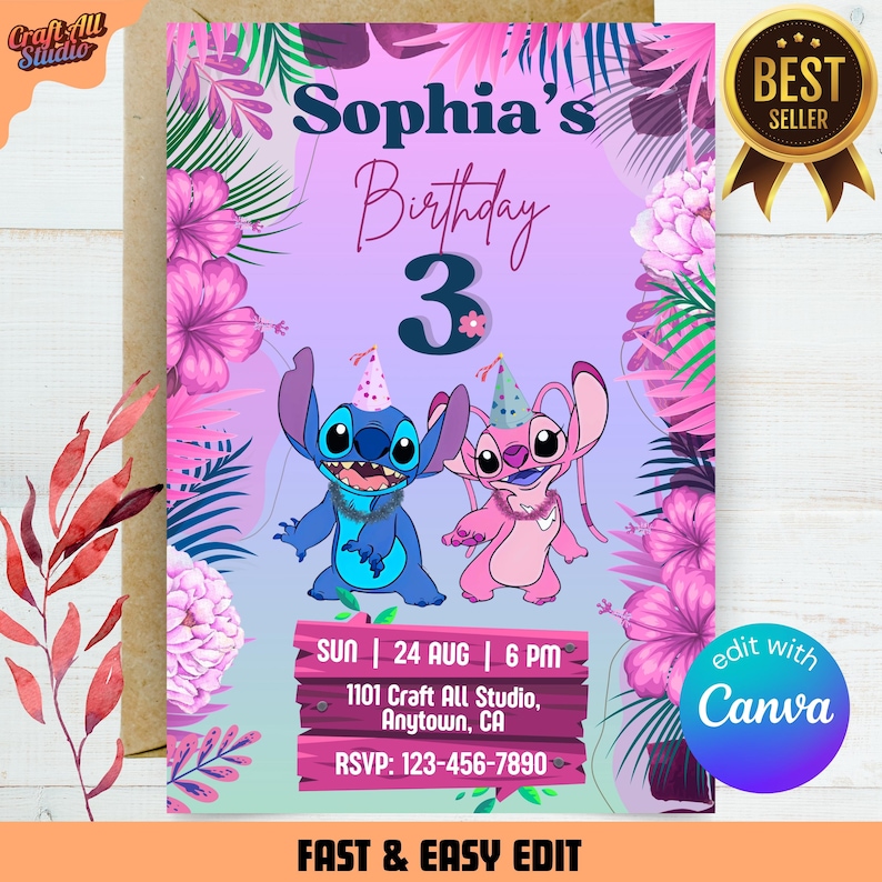 Colorful Stitch birthday card featuring Stitch and Angel for a birthday girl Stitch theme, best for a tropical aloha party, editable digital invite and invite template, suitable as kids birthday invite, birthday invitation, stitch and angel invite, and part of event templates for a birthday bash.
