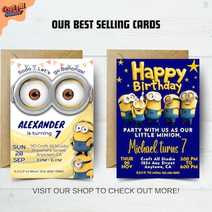 Top-selling birthday invitation cards including Stitch birthday invite and Minions theme, designed as digital invite, kids birthday invite, invite template, birthday card, with characters like Stitch and Angel, ideal for a fun birthday bash.