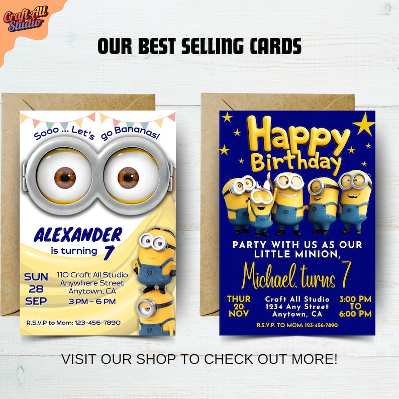 Top-selling birthday invitation cards including Stitch birthday invite and Minions theme, designed as digital invite, kids birthday invite, invite template, birthday card, with characters like Stitch and Angel, ideal for a fun birthday bash.
