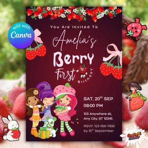 May include: A burgundy invitation with the text "Amelia's Berry First Birthday". The design includes cartoon characters, strawberries, and the Canva logo. The invitation details the date, time, location, and RSVP information.