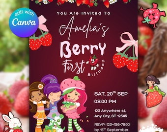 Strawberry Shortcake Birthday Invitation | Berry First Birthday Invite | Editable 1st Birthday Girl Invite | Sweet One Party Canva Template