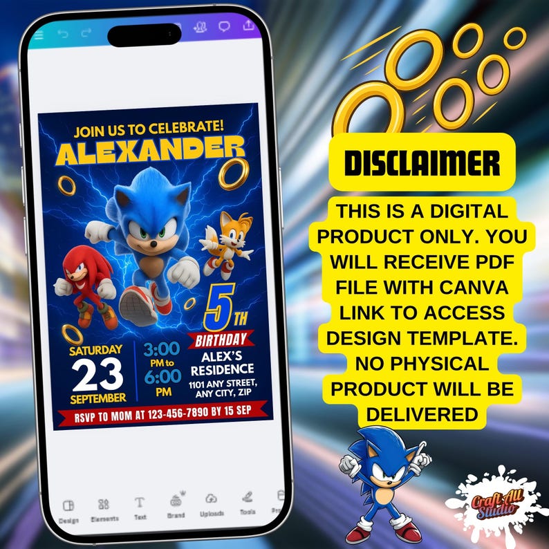 Sonic Birthday Invitation For Kids Party, Sonic The Hedgehog Boys Party Invite, Editable Sonic 3 Girls Birthday, Invite Instant Download, Image 6
