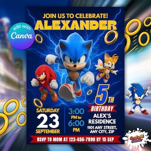 May include: A blue birthday invitation featuring Sonic the Hedgehog and friends. The invitation includes the text "JOIN US TO CELEBRATE! ALEXANDER" and details for a 5th birthday party, including the date, time, and location.