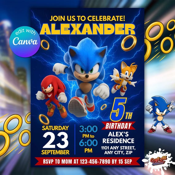 Sonic Birthday Invitation For Kids Party, Sonic The Hedgehog Boys Party Invite, Editable Sonic 3 Girls Birthday, Invite Instant Download
