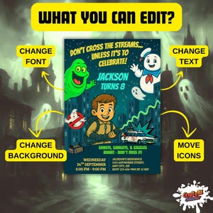 Editable elements callouts for Ghostbusters Canva invite—change text, fonts, background, and move icons; Slimer, Stay Puft, proton pack graphics.