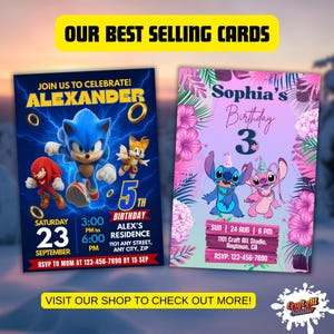 Best-selling card showcase promoting the shop plus the howling wolf halloween invitation. Browse more party invites and editable Canva templates for birthdays and spooky party invite themes.
