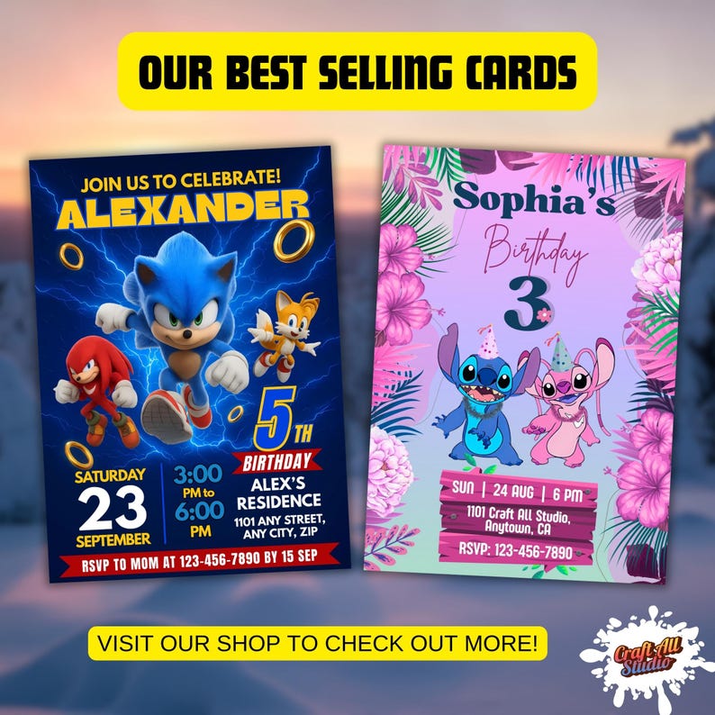 Best-selling card showcase promoting the shop plus the howling wolf halloween invitation. Browse more party invites and editable Canva templates for birthdays and spooky party invite themes.
