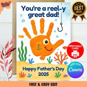 Arte de impressão de mão para o Dia dos Pais "Reel-y Great Dad" - Cartão DIY fofo para o pai pescador das crianças, artesanato de impressão de mão para impressão, ideia de presente bônus para o pai